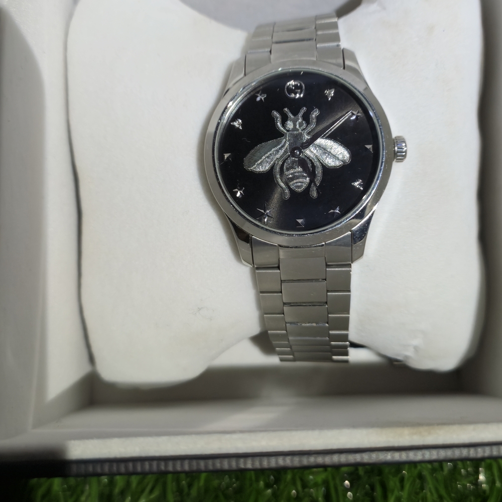 Gucci Silver Watch with Black Dial